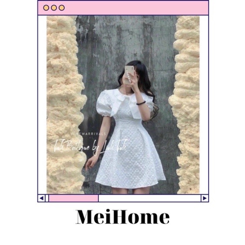 {SẴN}❤Đầm gấm trắng đi tiệc tay búp cổ nơ cực xinh MeiHome🥰