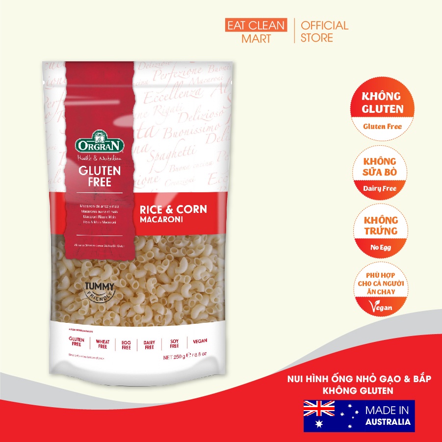 Nui Hình Ống Nhỏ Làm Từ Gạo &amp; Bắp Orgran Không Gluten - GLUTEN FREE Rice &amp; Corn Macaroni - Túi 250g