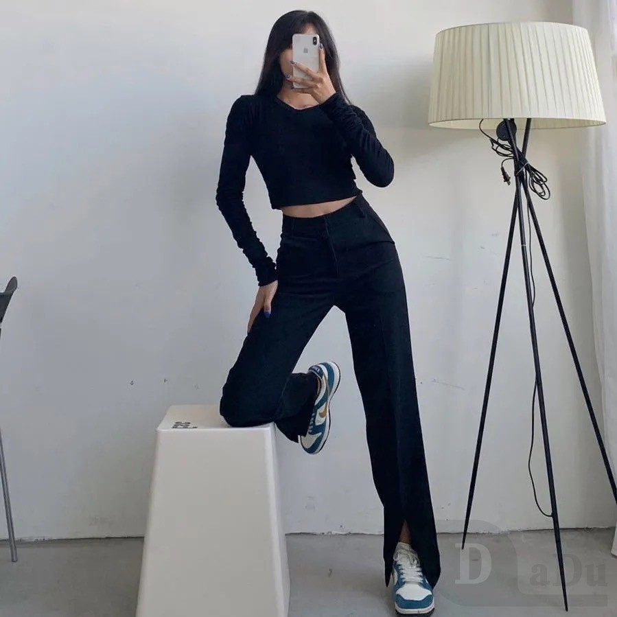 Quần Dài Ống Rộng Xẻ Tà Kèm Thắt Lưng Sành Điệu Thời Trang Cho Nữ