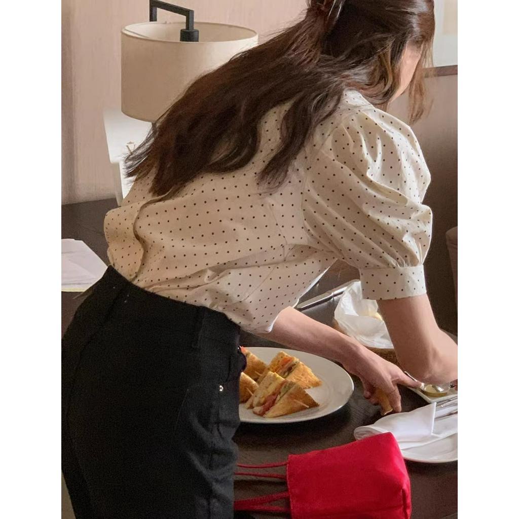 Xiaozhainv Áo Sơ Mi Tay Ngắn Cổ Tròn Họa Tiết Chấm Bi Phong Cách Hàn Quốc Ngọt Ngào Thời Trang Mùa Hè Cho Nữ