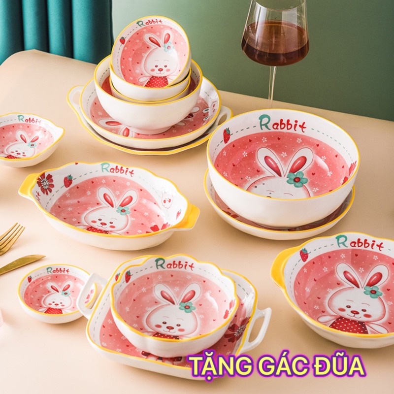 Bộ Chén Dĩa SứTẶNG GÁC ĐŨABát Ăn Cơm Đĩa Sứ Dễ Thương Cute Bát Đĩa Thỏ Hồng Decor Cao Cấp(set 8 sản phẩm)