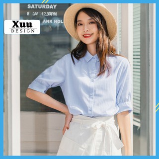 Áo Sơ Mi Nữ tay bồng Xuu Design, Áo sơ mi kiểu nữ cổ đức chất vải cao cấp chống nhăn [SP33 xanh dương] thumbnail