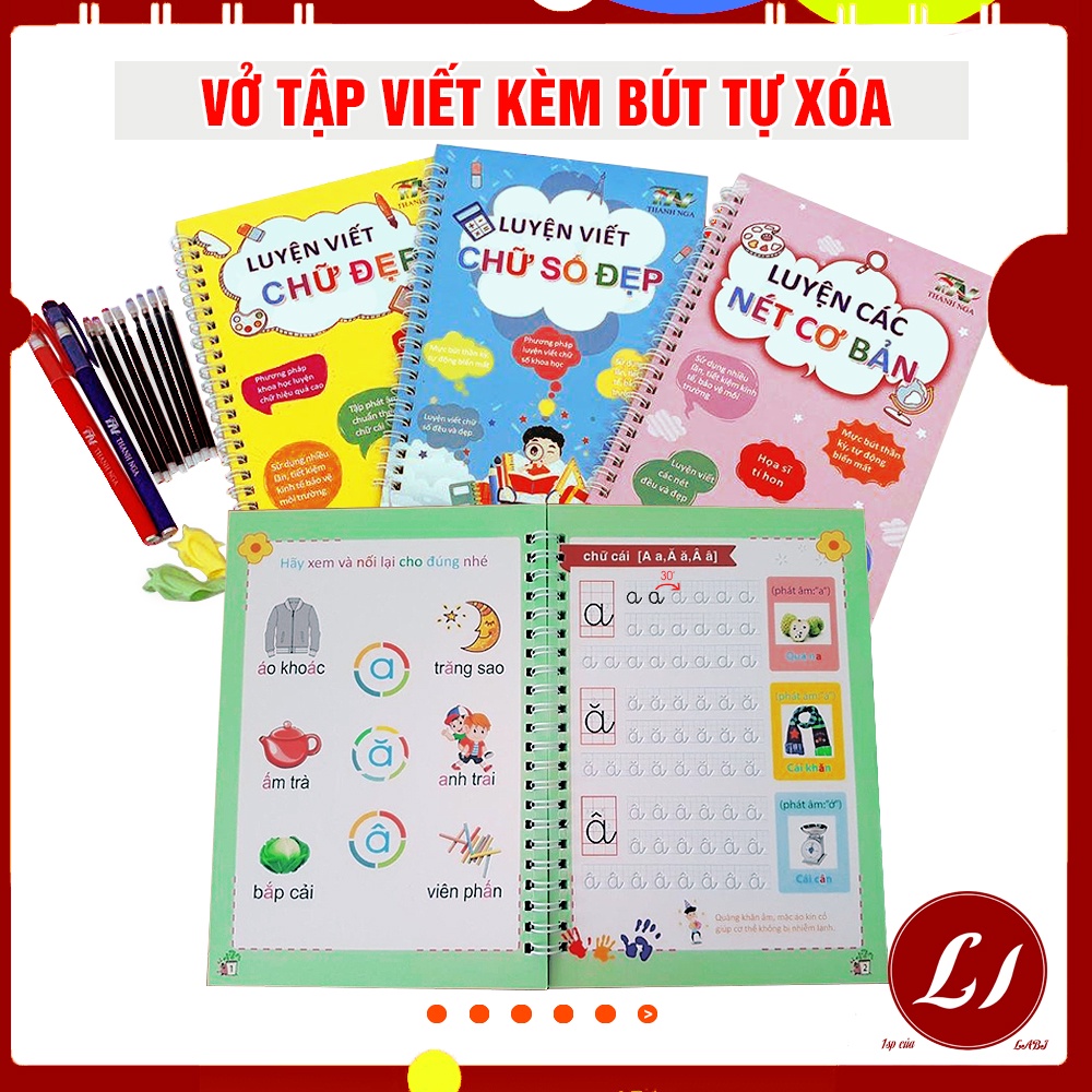 Bộ 3 Vở tập viết nét Lõm TỰ XÓA kèm bút tự bay màu cho bé luyện dễ dàng (2bút + 8ngòi + 2 định vị cầm bút)