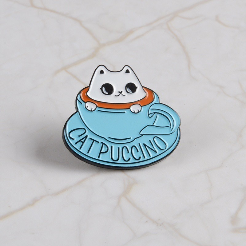 Huy hiệu cài áo QIHE JEWELRY thiết kế hình tách cà phê và chú mèo đáng yêu