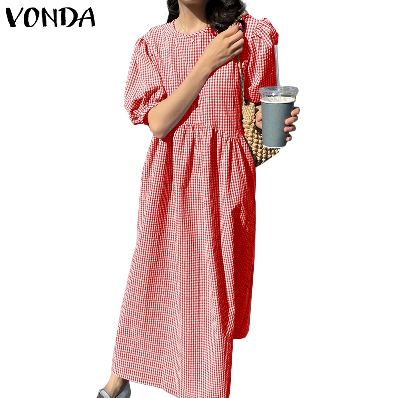 Đầm VONDA thiết kế tay ngắn cổ tròn xếp ly họa tiết caro phong cách Hàn Quốc dành cho nữ