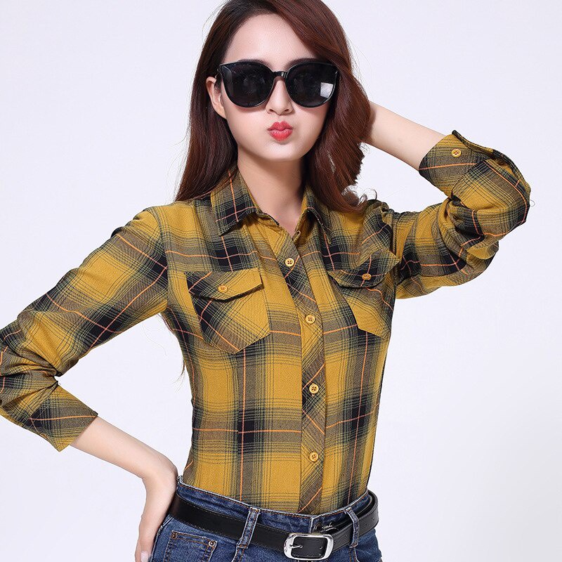 Áo sơ mi SixSisters tay dài họa tiết sọc caro thời trang cho nữ