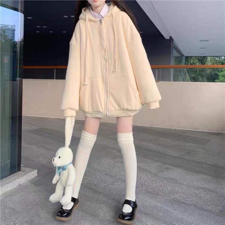 Áo Hoodie Màu Trơn Có Khóa Kéo Dễ Thương Size S-2Xl Thời Trang Thu Đông Cho Nữ