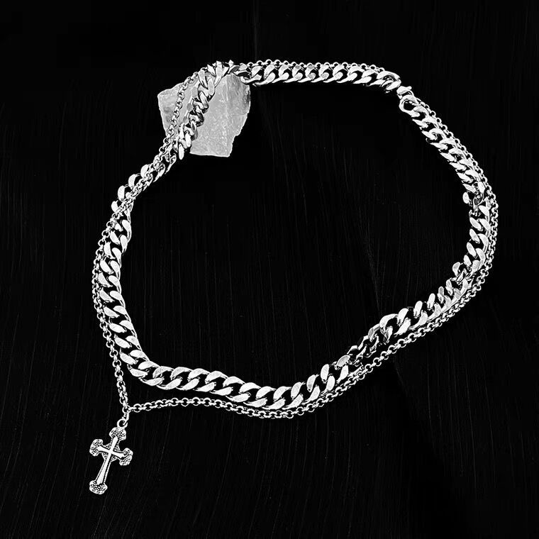 Vòng cổ nam nữ titan màu bạc Merin độc đáo cá tính 2 tầng khoá rời xích trơn và dây chuyền HOT chữ thập - VC Đôi Carmen