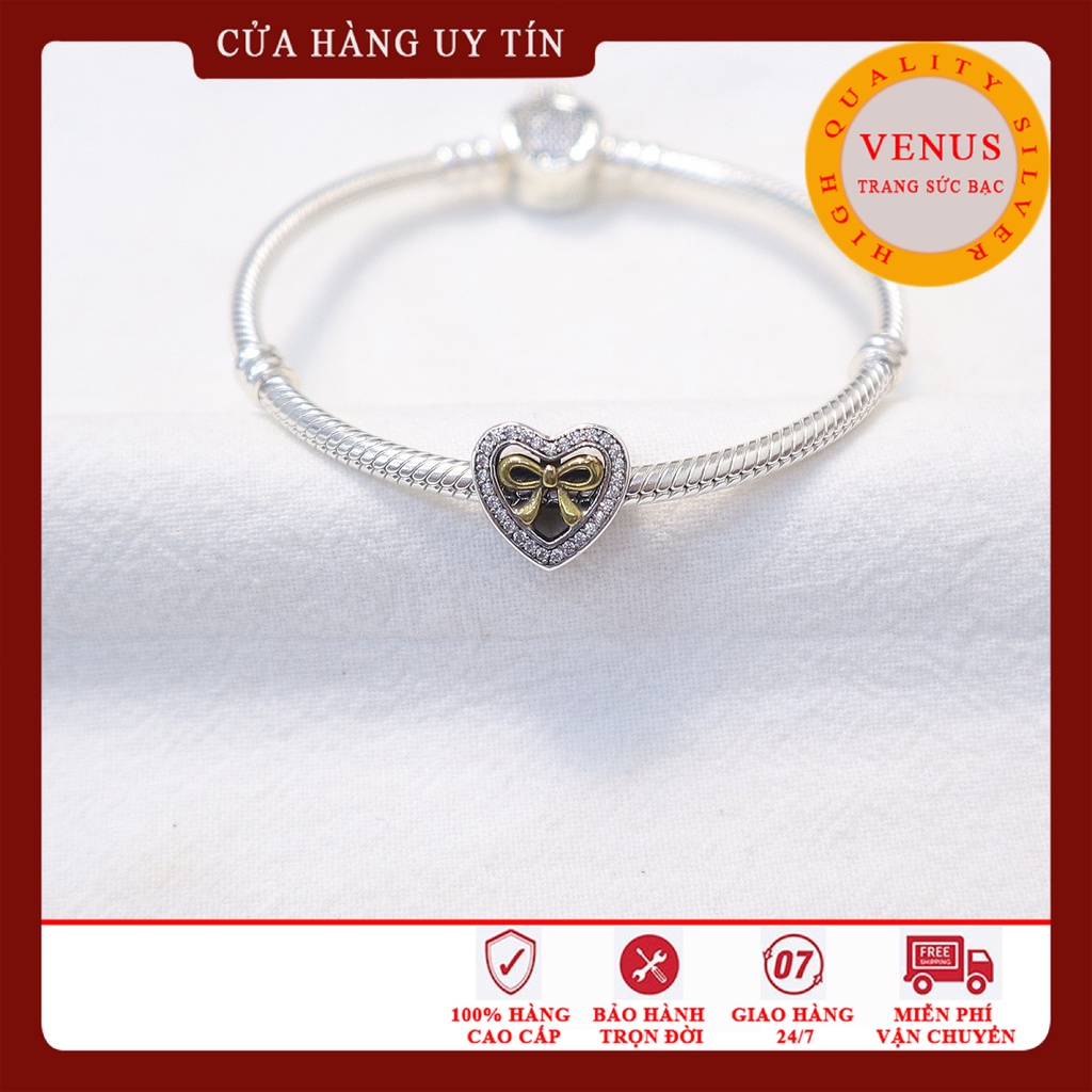 [Charm bạc 925 cao cấp] Charm tim nơ xi vàng- Mã sản phẩm VENUSNO