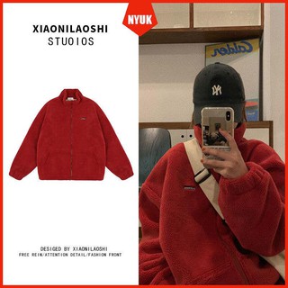 Áo Khoác Len Lông Cừu Cổ Cao Dáng Rộng Màu Trơn Phối Khóa Kéo Ấm Áp Xinh Xắn