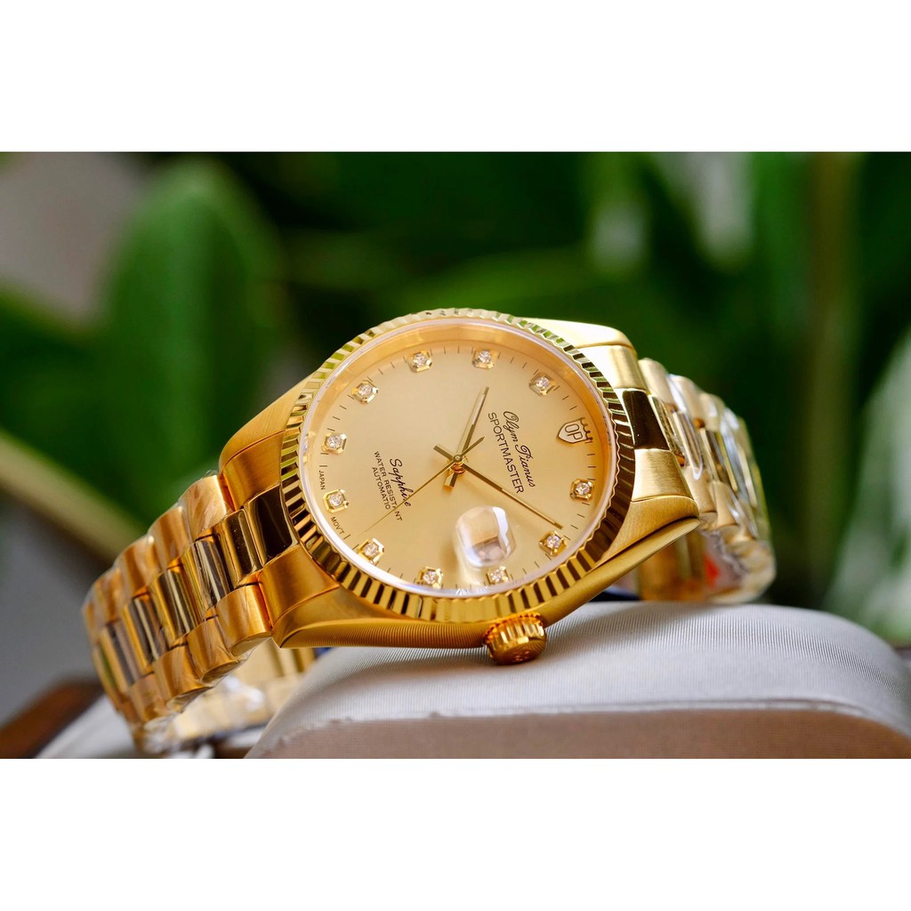 Đồng hồ nam dây kim loại mặt kính sapphire automatic Olym Pianus OP89322 OP89322AGK vàng