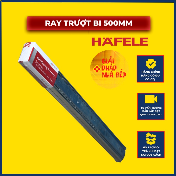 Ray trượt bi Hafele 500mm chính hãng, 494.02.465 , tải trọng 30kg, chất liệu thép mạ kẽm dành cho tủ bếp, tủ áo
