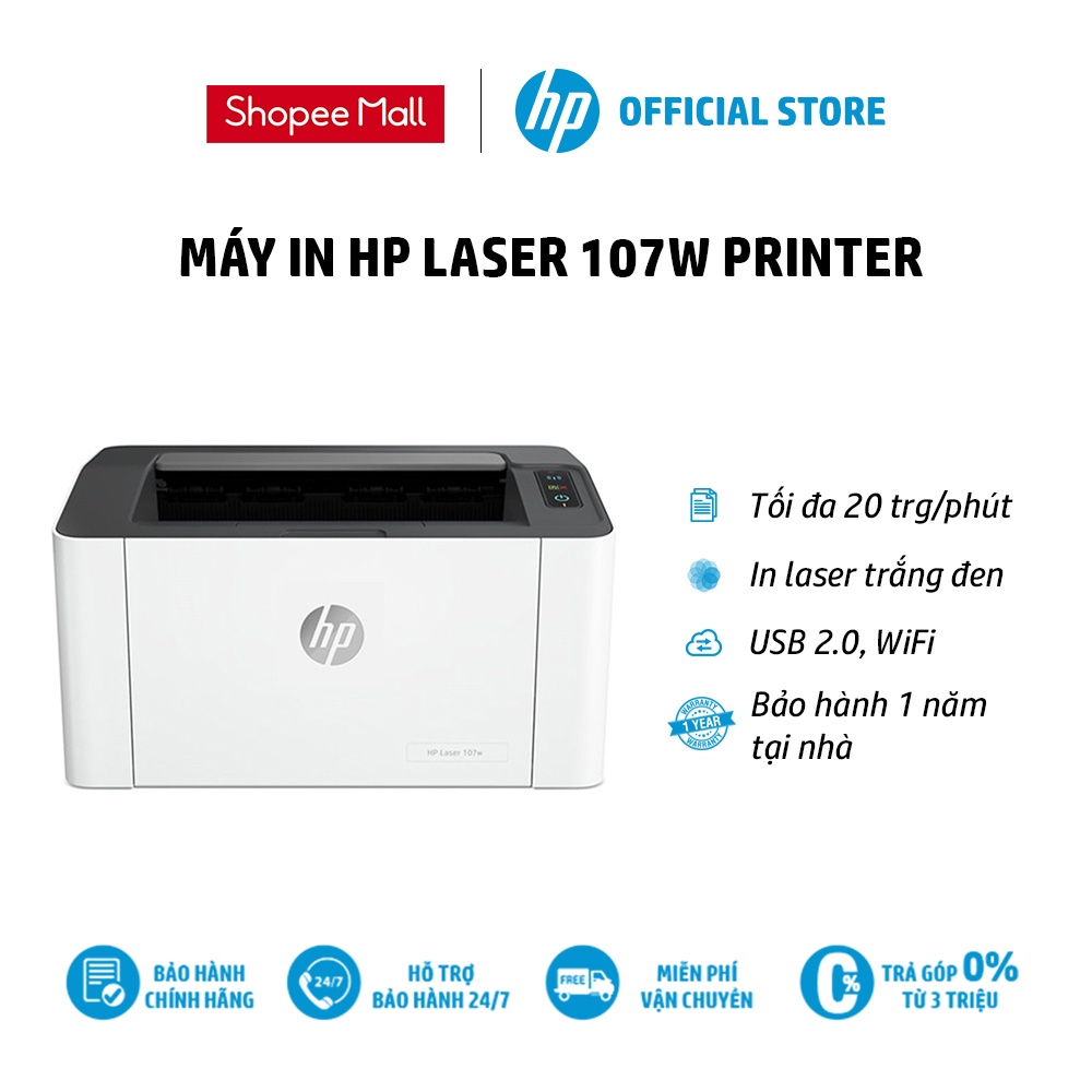 [Mã ELBAU10 giảm 10% đơn 500K] Máy in Laser trắng đen HP 107w Printer (In, Wifi, Trắng) 4ZB78A) - Hàng Chính Hãng