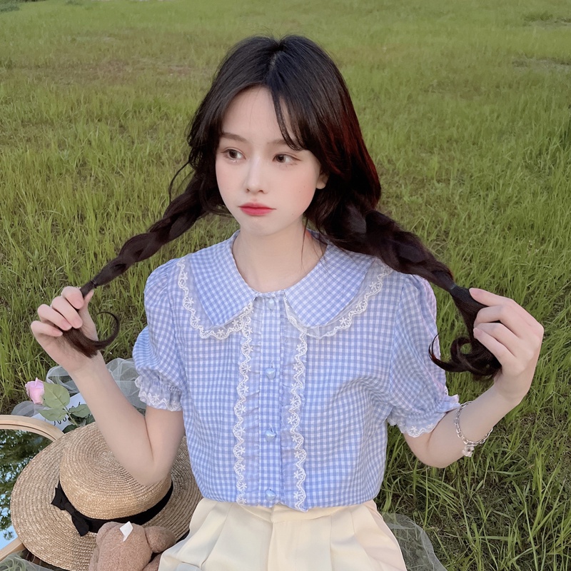 Áo sơ mi SUXI tay ngắn dáng ôm cổ búp bê kẻ sọc ca rô dễ thương thời trang mùa hè cho nữ
