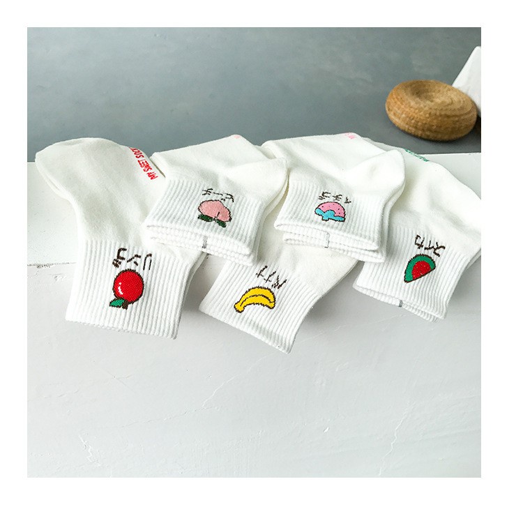 Vớ thể thao cổ cao màu trơn in họa tiết trái cây phong cách Hàn Quốc
