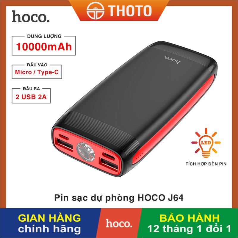 Pin sạc dự phòng kèm đèn pin Hoco J64 dung lượng 10000mAh đầu vào Micro / Type-C đầu ra 2 cổng USB 2A - Hàng chính hãng