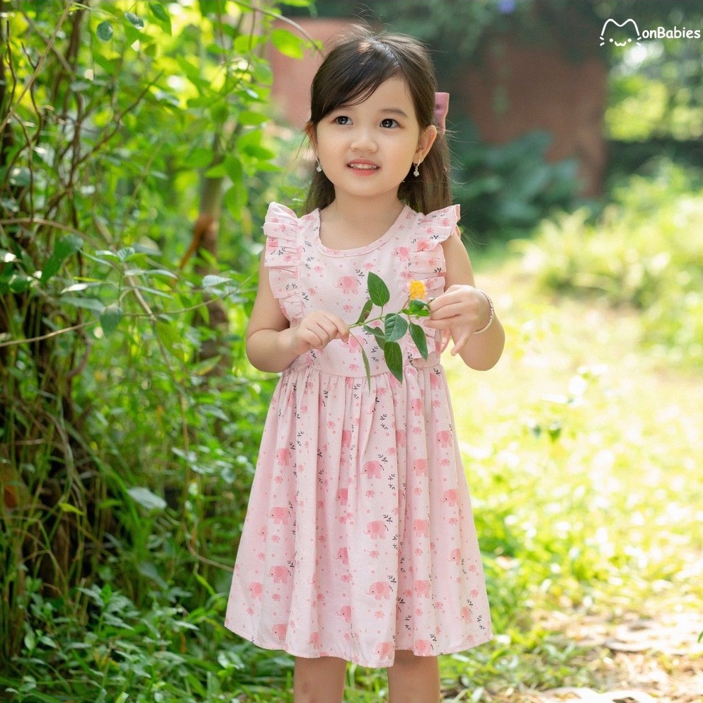 Đầm cho bé gái MonBabies VL79-P kiểu babydoll đũi tằm 1-6 tuổi họa tiết voi con màu hồng