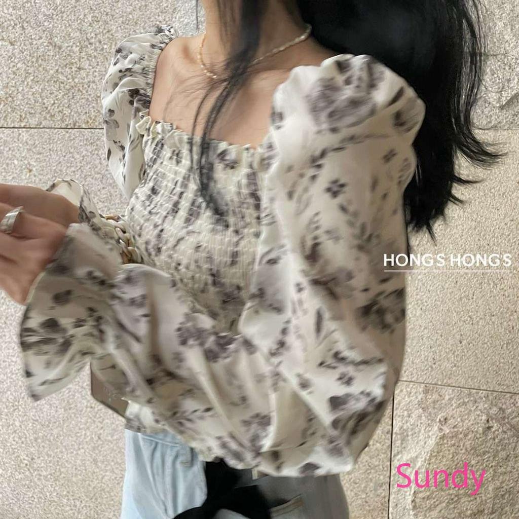 Áo Croptop Chất Chiffon Hoạ Tiết Hoa Thiết Kế Cổ Vuông Nữ Tính