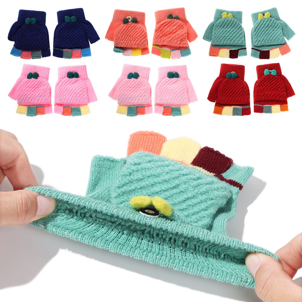 Găng Tay Dệt Kim Hở Ngón Dày Dặn Giữ Ấm Mùa Đông In Họa Tiết Hoạt Hình Nhiều Màu Dễ Thương Cho Bé