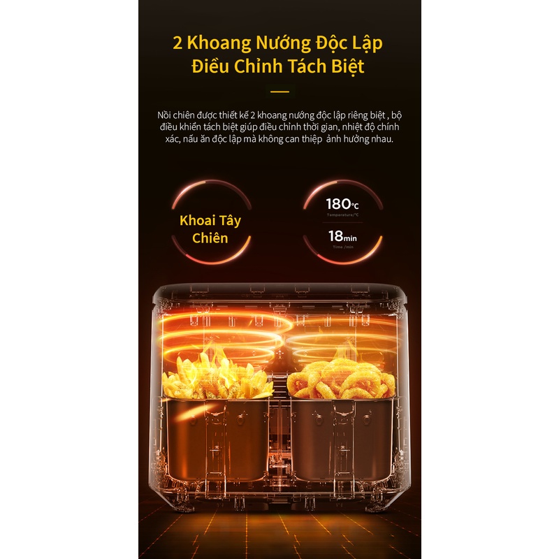 Nồi chiên không dầu STUKI-AF1001 Chính Hãng, 2 ngăn riêng biệt không át mùi, dung tích 10L, 6 chế độ nấu, BH 12 tháng