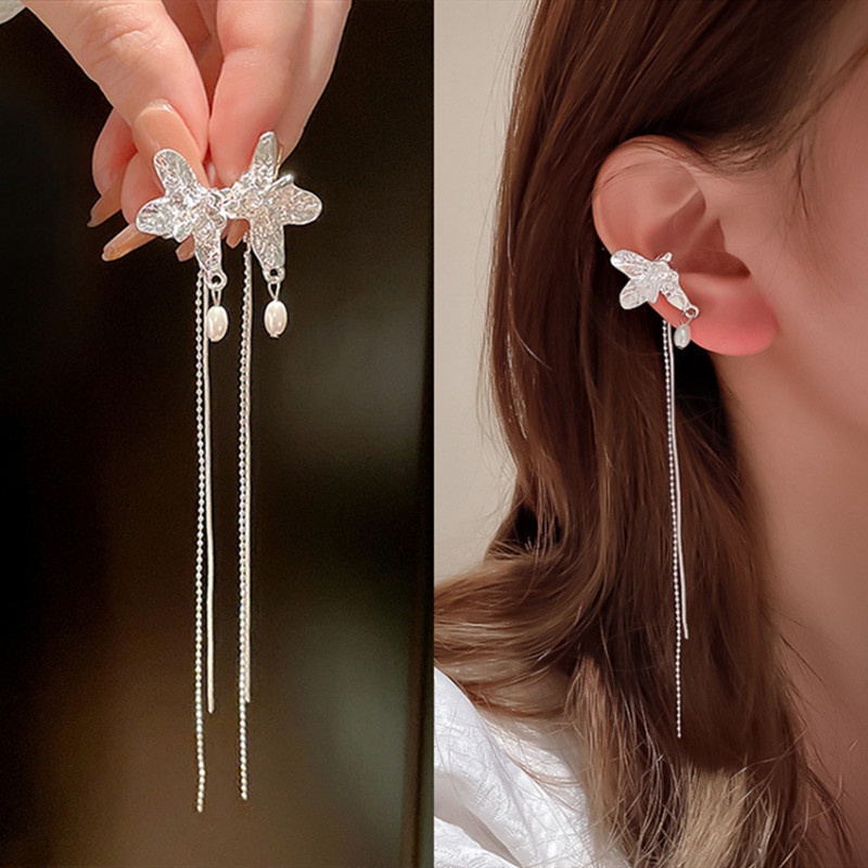Khuyên Kẹp Vành Tai Dáng Dài Hình Bướm Đính Ngọc Trai Thời Trang Cho Nữ