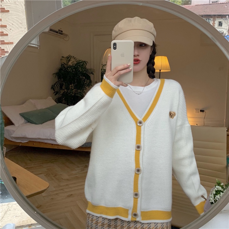 Áo khoác cardigan cổ chữ V dáng rộng thêu họa tiết gấu phong cách mùa thu 2021 cho nữ