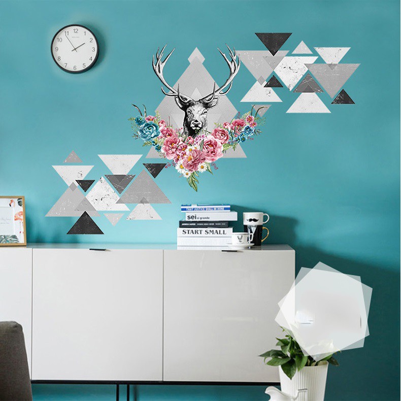 Decal dán tường phòng khách 3D sừng hươu trắng đen - decan cao cấp có keo sẵn cắt sẵn bóc dán ngay tại nhà