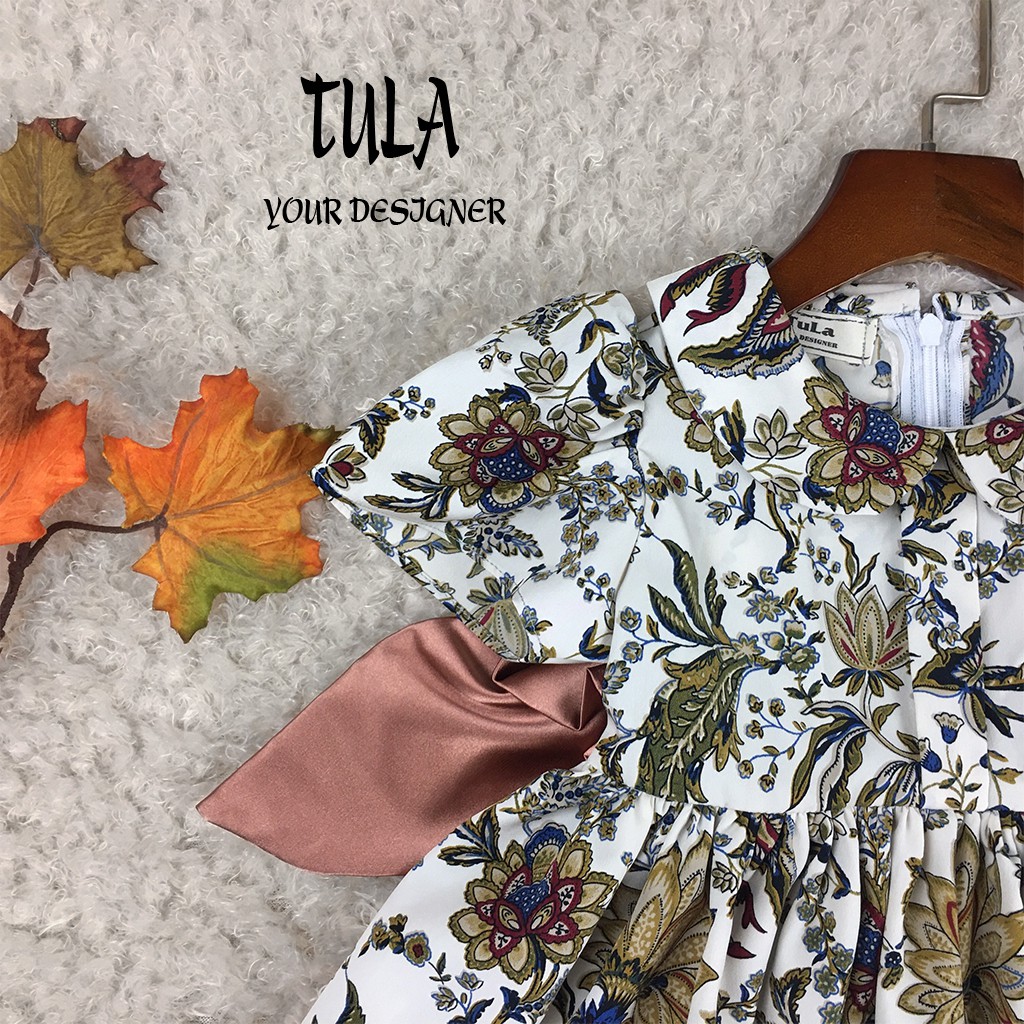 Váy Đầm Cho Bé Gái Họa Tiết Hoa Phối Nơ Bóng Nổi Bật Vải Lụa Hoa Hàn Quốc