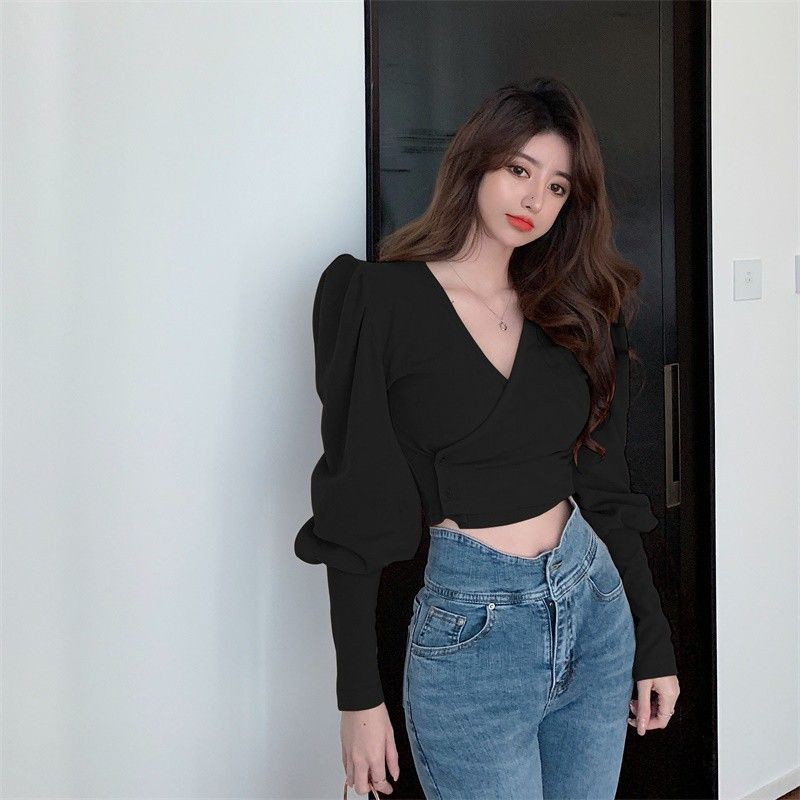 Áo len dáng ôm tay bồng cổ tim nữ tính ulzzang - Có ảnh thật