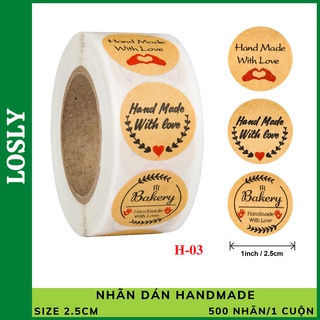 Cuộn 500 nhãn dán Handmade with love H03 - Sticker tem nhãn dùng trang trí, tem niêm phong, decal
