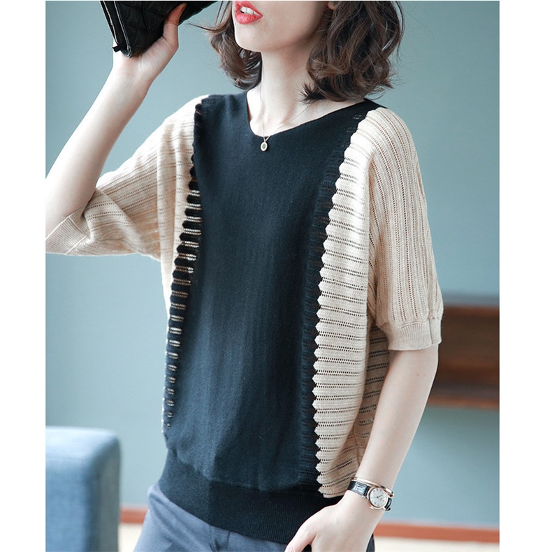 Áo len dệt kim tay lỡ mỏng trơn màu cổ chữ V Al33