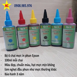 Bộ 6 chai in phun Epson màu chuẩn, bảo vệ đầu phun. Là mực nước nạp, bơm cho máy in Inkjet Ink Epson 6 màu