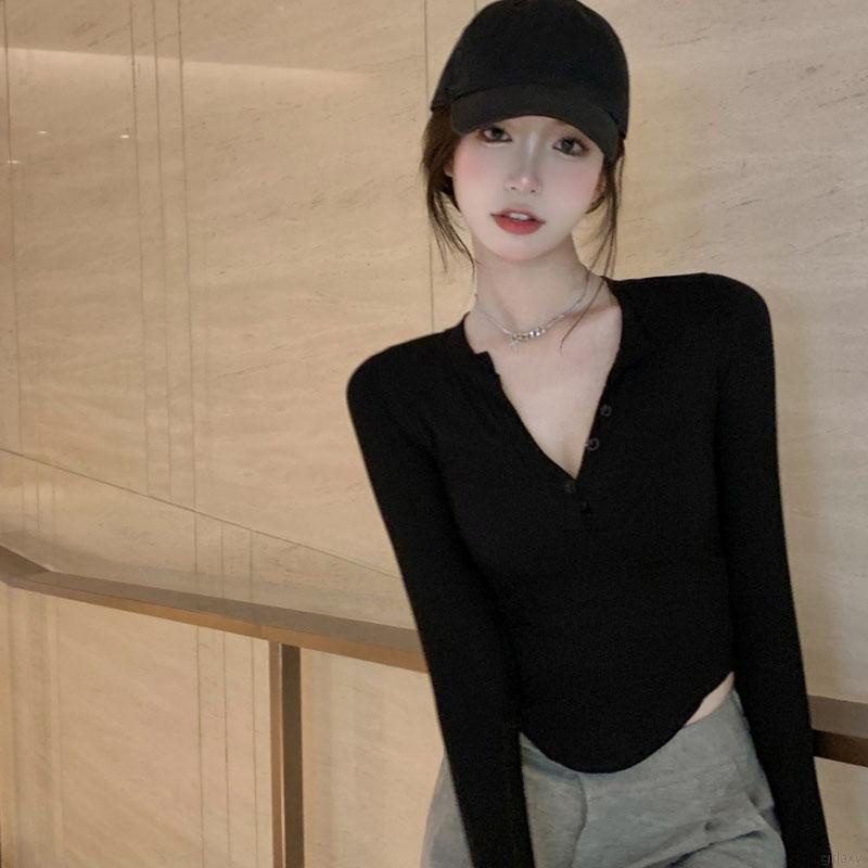 Áo thun tay dài cổ chữ V màu sắc đơn giản phong cách Hàn Quốc cho nữ