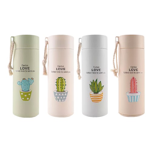 Bình Nước Thủy Tinh Bọc Nhựa Cách Nhiệt 400ml Họa Tiết Xương Rồng Dễ Thương