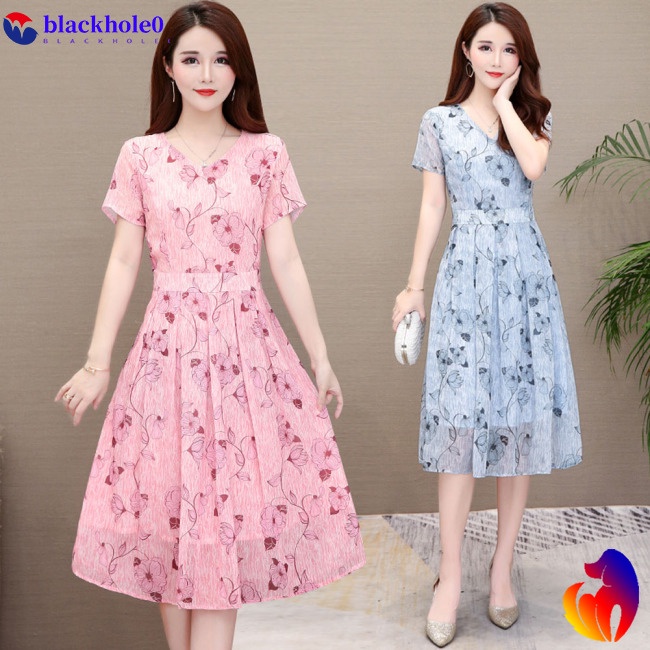 BH Summer Slim V-neck Floral Dress Elegant Short Sleeves Middle Long Printing Causal Dress