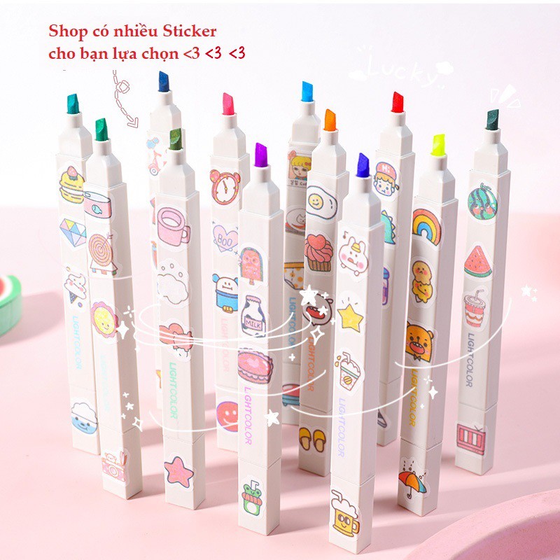 Set 11 Bút Màu 2 Đầu Highlight Dạ Quang Đánh Dấu Lên Màu Pastel Và Dán Sticker Cực Xinh DIY - RosyPosy