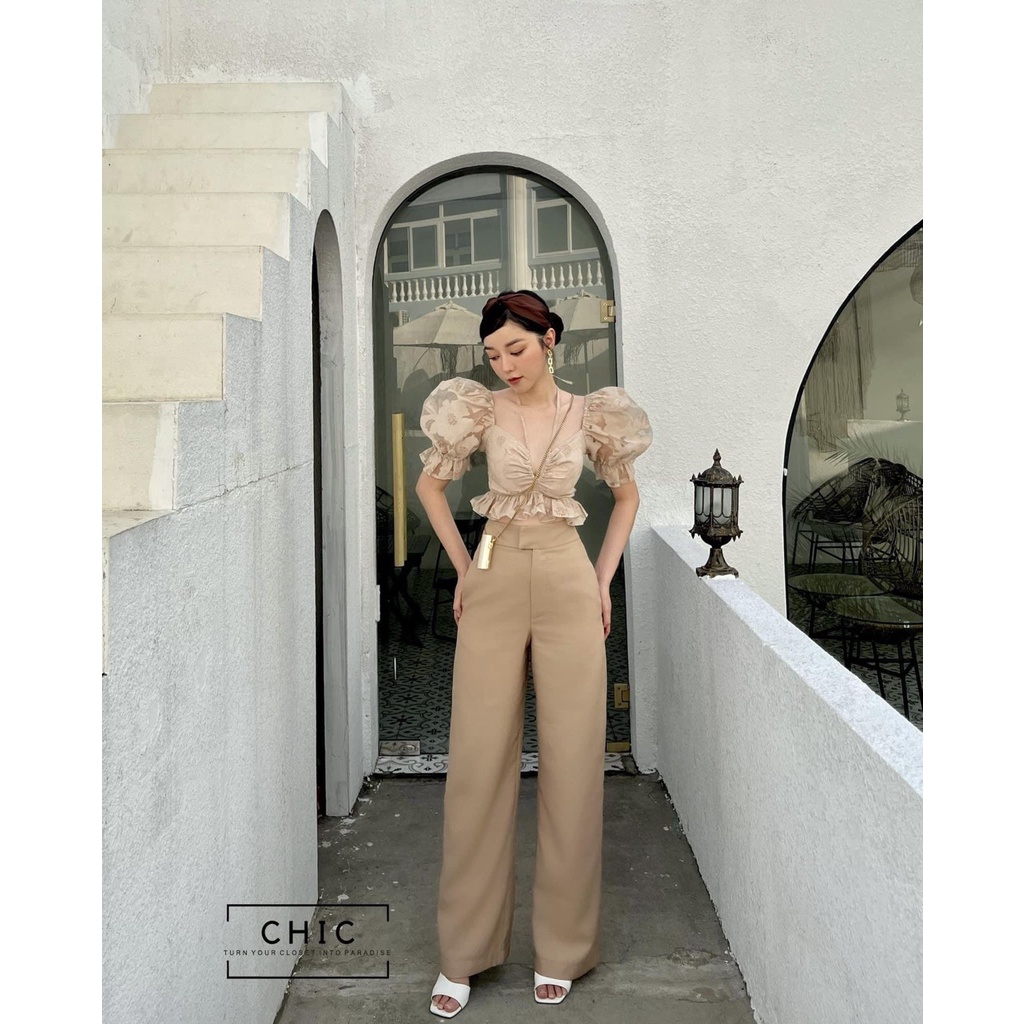 Set nude nâu áo croptop ren hoa lai bèo tay ngắn bồng + quần suông chân ống rộng dài lưng cao ulzzang