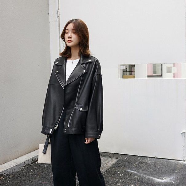 Áo khoác da PU dáng rộng phong cách đường phố Hồng Kông thời trang thu đông cho nữ
