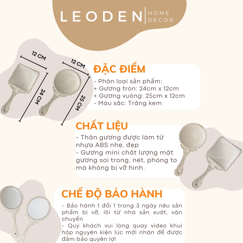 Gương cầm tay công chúa mini hoa văn vintage chạm khắc đẹp – LEODEN Decor