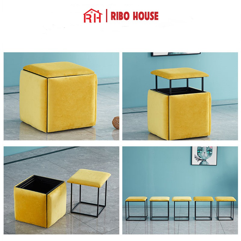 Bộ 5 ghế sofa đơn RIBO HOUSE đệm vải da ghế hình rubik trang trí phòng khách quán cà phê sân vườn RIBO172