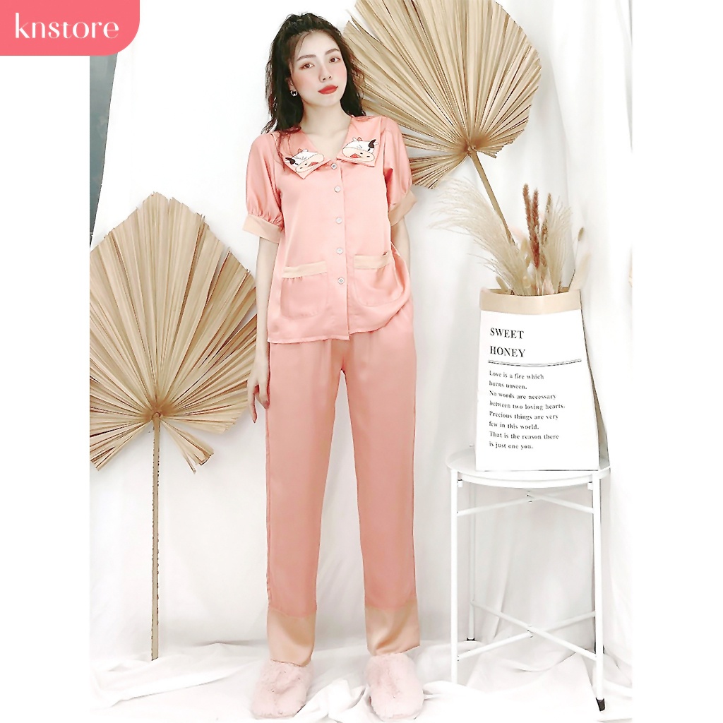Pijama lụa satin tay ngắn quần dài, Đồ ngủ nữ lụa cao cấp mát mịn không nhăn ẢNH THẬT CỦA SHOP - Kn Store Việt Nam