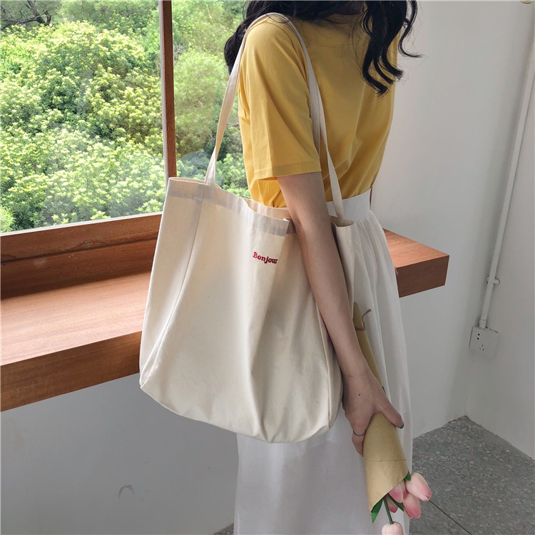 (Freeship từ 50k)Modi MD50- Túi tote vintage size lớn thêu chữ &quot;BONJOUR&quot;