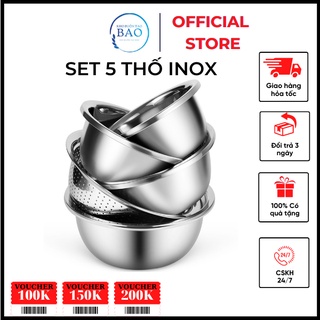 Sét thau rổ 5 món inox - 5 món rổ chậu cao cấp - Bộ thau rổ inox đa năng - khobuontaobao