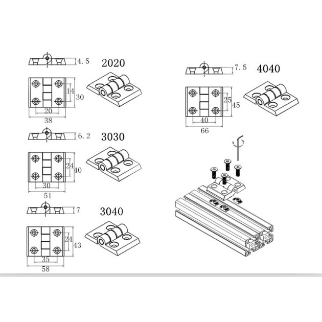 Bản lề dùng cho nhôm định hình 20x20, 30x30, 40x40