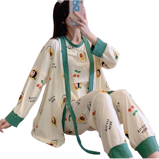 Bộ Bầu Dài Tay Sau Sinh cho con bú Đồ ngủ Kimono bầu đẹp mặc nhà (SET 3) - Quần áo thời trang cho mẹ Bigsize