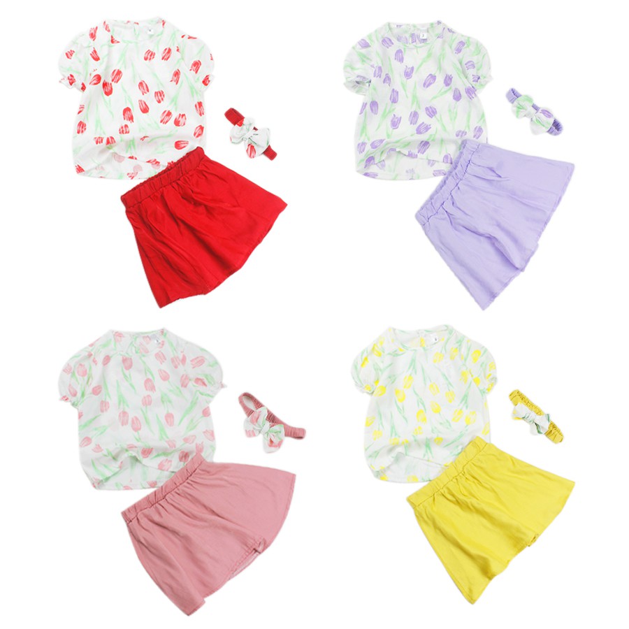 Set linen áo hoa tulip kèm băng đô và chân váy xoè cho bé gái 6 tháng đến 5 tuổi từ 8 đến 22 kg 06368-06371