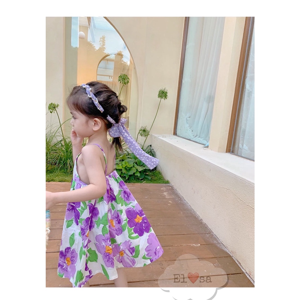 Váy bé gái - Váy 2 dây hoa tím, tim đỏ Vải đũi mềm mát thấm hút mồ hôi siêu xinh cho bé từ 1-5 Tuổi