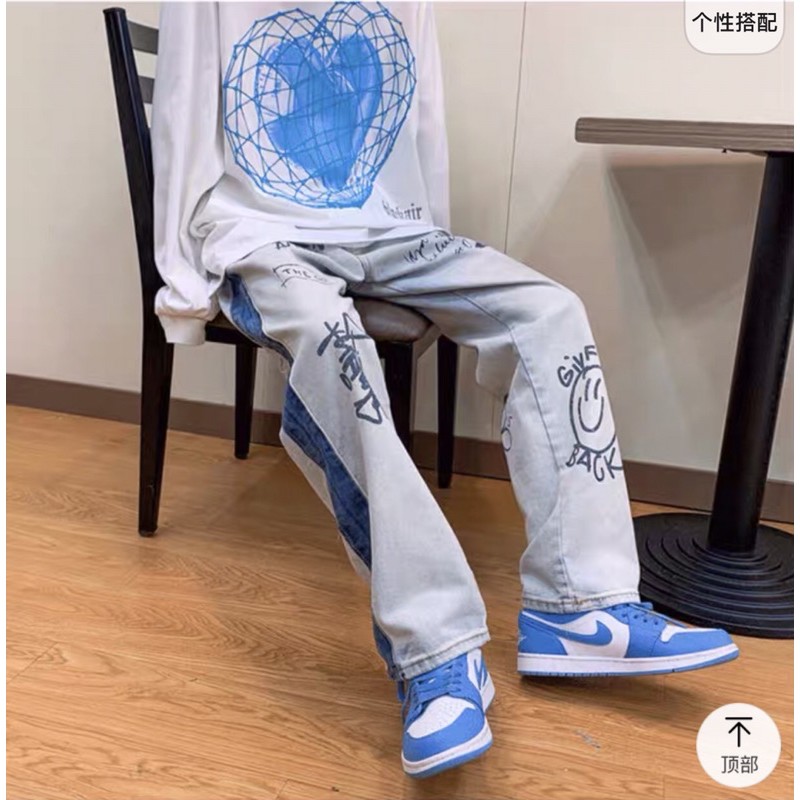 [ORDER+ẢNH THẬT] Quần bò jeans ống rộng thiết kế in hình graffiti nghệ thuật mix màu đậm nhạt unisex Ulzzang oversize ❤️ | BigBuy360 - bigbuy360.vn