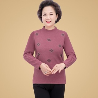 Áo sơ mi lót dưới lông cừu mùa thu và mùa đông mới của phụ nữ trung niên và cao tuổi cổ áo ấm áp T-shirt kéo dài đệm trê