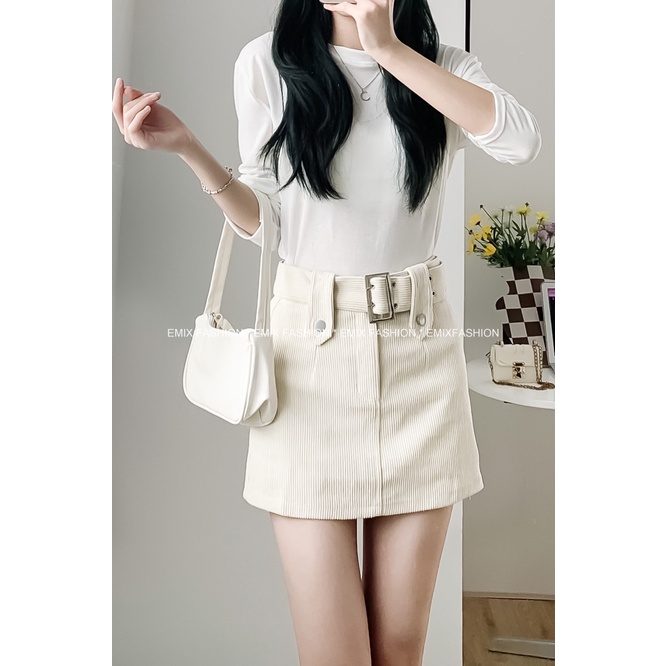 Chân váy mini chữ A EMIX, chất nhung kèm đai, cạp cao, ôm, có lót trong 891